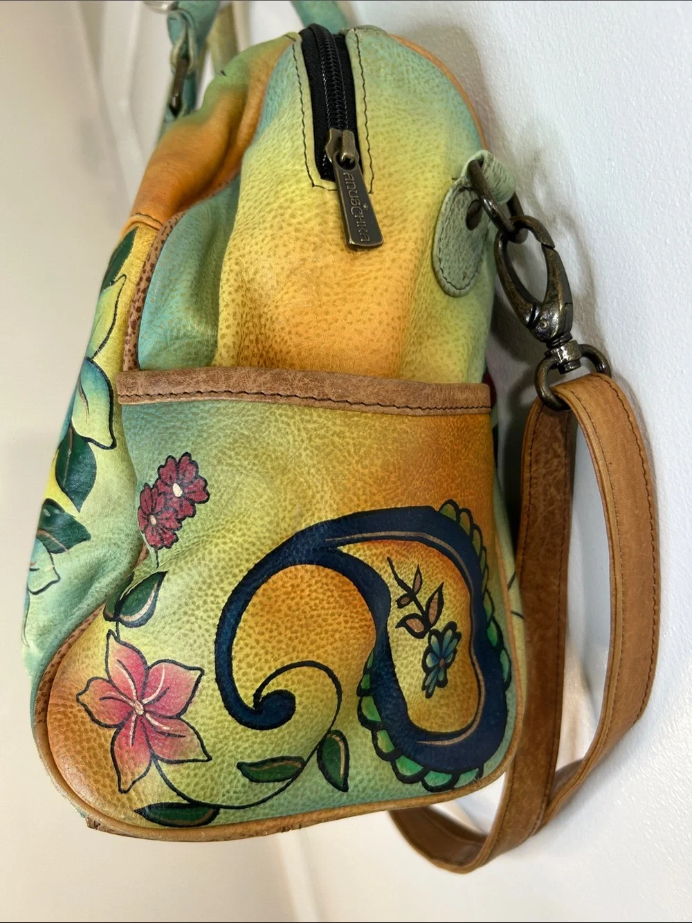 Anuschka Hand Painted Paisley Floral Theme Leather Satchel & Shoulder Strap